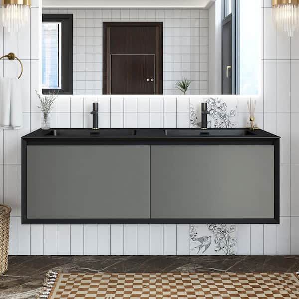 Unbranded 60 in. W x 21 in. D x 22 in. H Wall Mounted Bath Vanity in Armani Grey with Black Quartz Sand Top