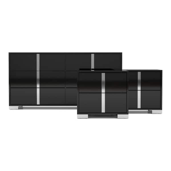 Mesala 3-Piece Glossy Piano Black 2-Drawer (Set of 2) Nightstands and Dresser with Chrome Handles