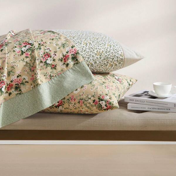 Laura Ashley Tierney 4 Piece Maize/Green Cotton King Sheet Set