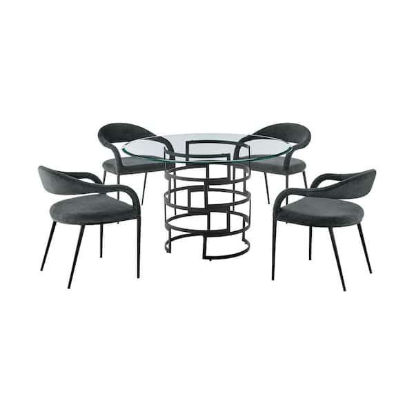 Armen Living Diaz and Morgan 5-Piece Charcoal and Glass Top Dining Set Seats 4