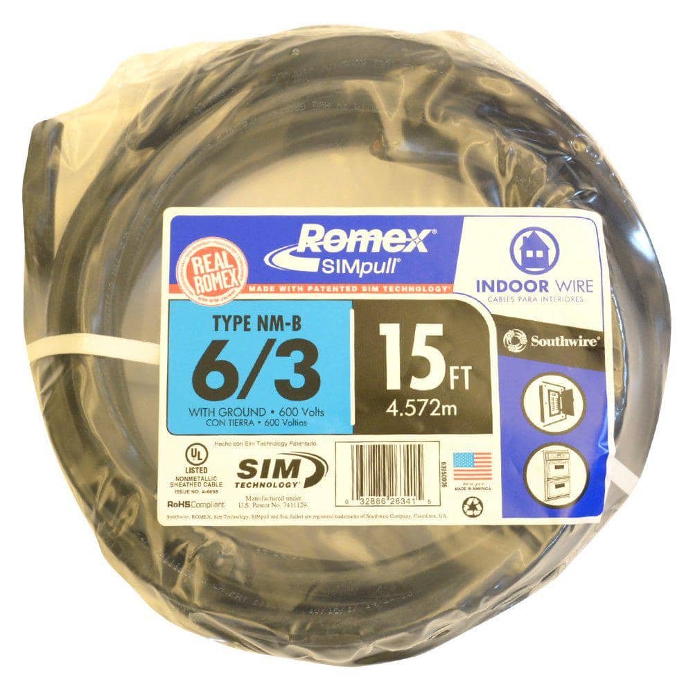 6//3 Stranded Romex SIMpull Black Southwire Residential Electrical Wire 15 ft