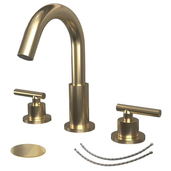 PERLIRIA INC 8 in. Widespread Deck Mount Double Handle Bathroom Sink Faucet, 3-Hole Bathroom Faucet with Drain in Brushed Gold