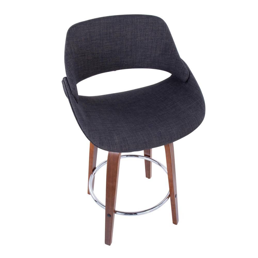 Walnut and Charcoal Swivel Counter Stools with Chrome Footrest, Set of 2