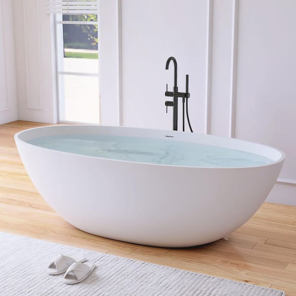 Eaton 71 in. x 35.4 in. Stone Resin Solid Surface Matte Flatbottom Freestanding Soaking Bathtub in White