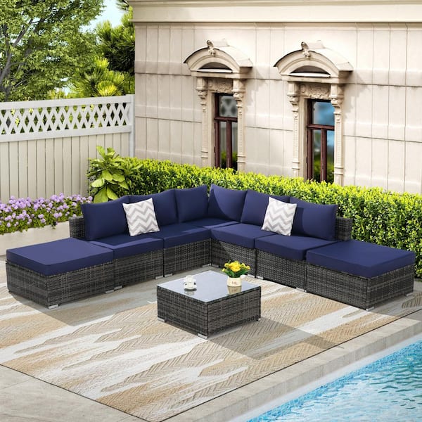 Sudzendf 8-Piece Wicker Patio Conversation Set with Dark Blue Cushions and Glass Coffee Table for Garden, Poolside, Backyard
