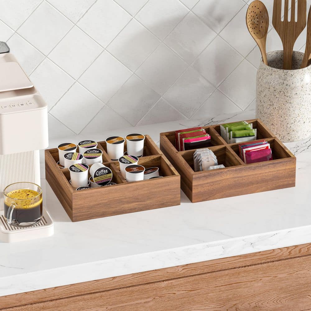Seville Classics 4-Piece Acacia Wood Expandable Drawer Storage Organizer Box Set 11.85 in. W to 18.4 in. W x 17.5 in. D x 2.5 in. H Brown