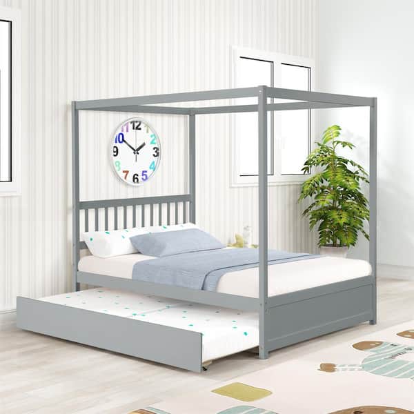 79.5in.Lx57in.W Gray Pine Full Size Canopy Kids Bed with Trundle