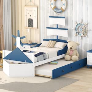 Blue Twin Size Boat-Shaped Platform Bed with Twin size Trundle and Storage