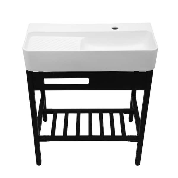 28 in. Freestanding White Ceramic Rectangular Bathroom Console Sink with Black Bracket Single Bowl Utility Sink
