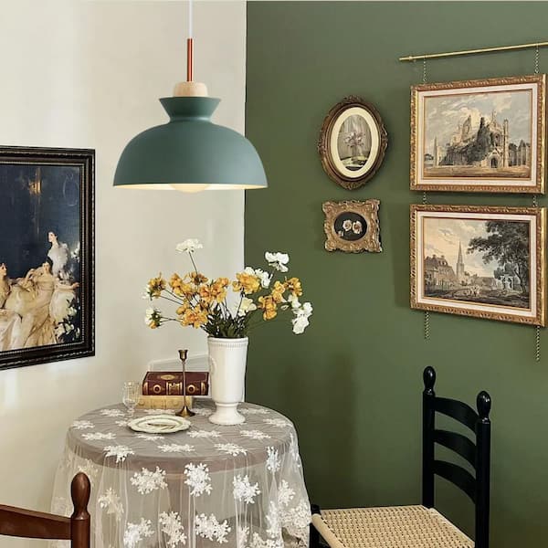 Potlid Scandinavian 1-Light Dome Pendant Light Green Barn Hanging Light with Wood Accent for Kitchen Island, Restaurant