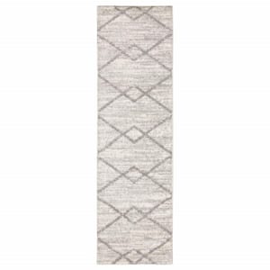 2' X 8' Ivory And Grey Geometric Shag Power Loom Stain Resistant Runner Rug