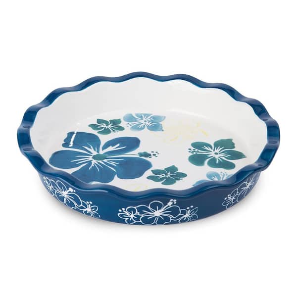 9 in. Deep Dish Round Porcelain Pie Pan Ceramic Baking Dish Set with Nonstick Blue White Floral Pattern