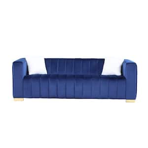 Modern 87 in. Square Arm Velvet 3 Seater Rectangle Channel Sofa Traditional Chesterfield Sofa with Pillow in Navy Blue