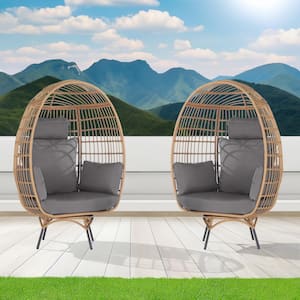 2-Pieces Patio Wicker Swivel Egg Chair, Oversized Indoor Outdoor Egg Chair, Brown Rattan Gray Cushions