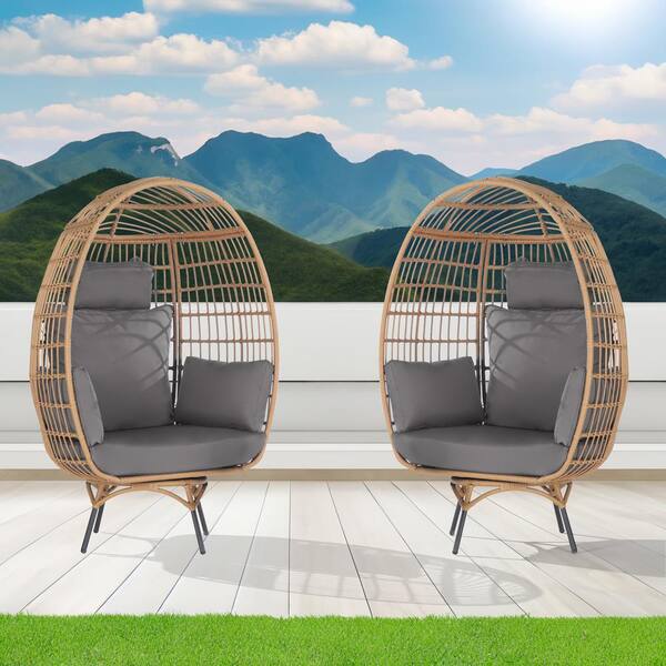 SANSTAR 2-Pieces Patio Wicker Swivel Egg Chair, Oversized Indoor Outdoor Egg Chair, Brown Rattan Gray Cushions
