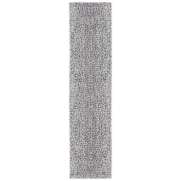Courtyard Gray/Black 2 ft. x 12 ft. Cheetah Geometric Indoor/Outdoor Patio  Runner Rug