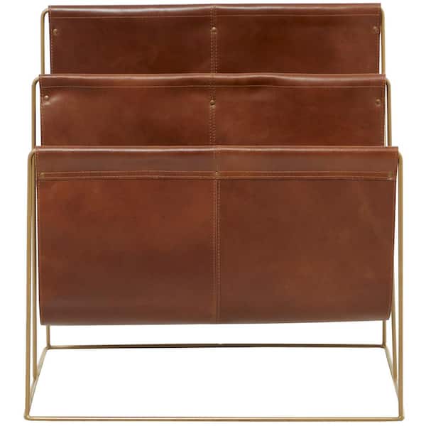 Real Brown Leather Standing Magazine Holder with Gold Metal Stand