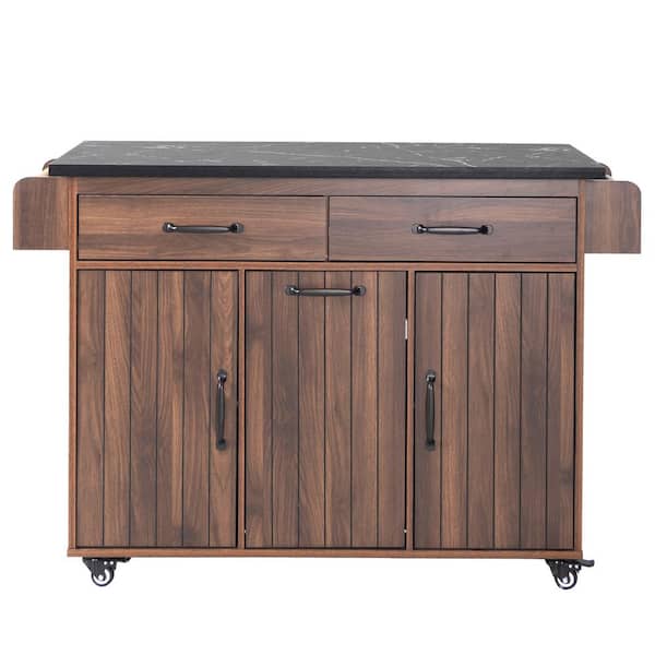 Unbranded Walnut Brown Wood 51.06 in. Kitchen Island with Trash Can Storage Cabinet, Drop Leaf, Spice Rack, Towel Rack and Drawer