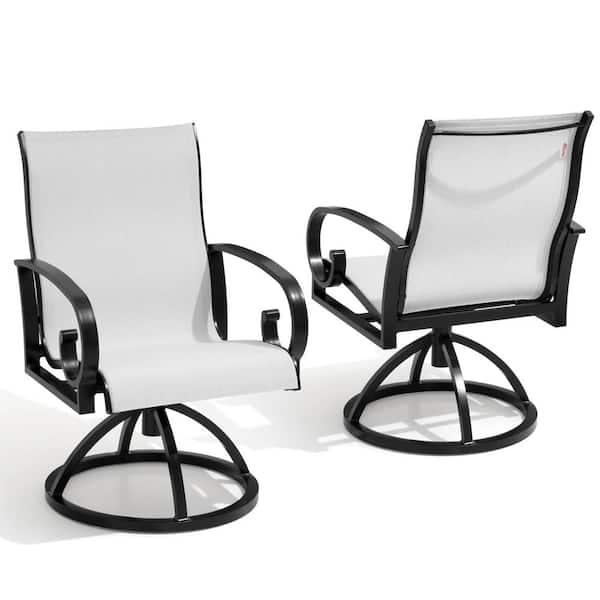 Black Finish Swivel Sunbrella Textilene Sling Steel Aluminum Frame Outdoor Dining Chair in Augustine Oyster Set of 2