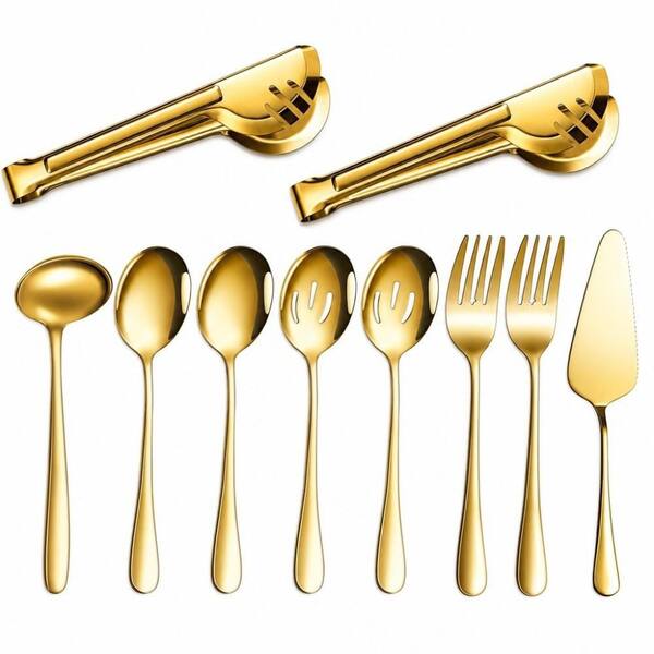 10-Piece Stainless Steel Kitchen Serving Utensils Set, Include Large Spoons Forks Ladle and Pie, Flatware Serving Sets