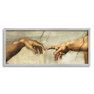 Hand of The Creatio Adam Religious Painting By Michelangelo Framed Print Religious Texturized Art 10 in. x 24 in.