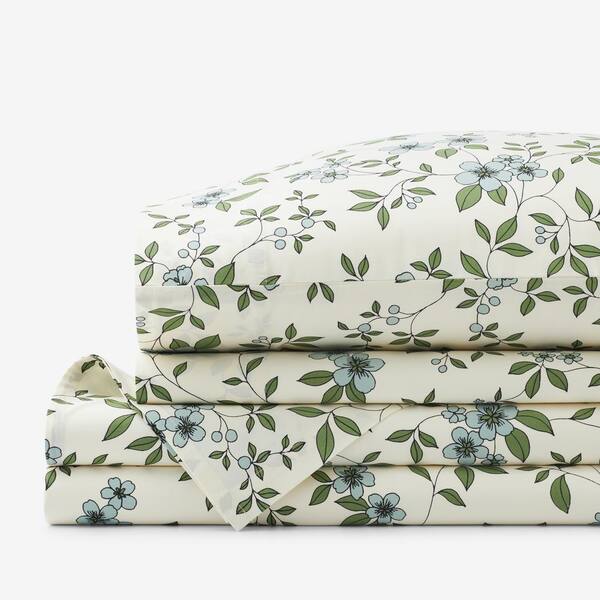 StyleWell Cotton Percale Ditsy Floral 4-Pcs Queen Sheet Set in Hydrangea, Green Hydrangea