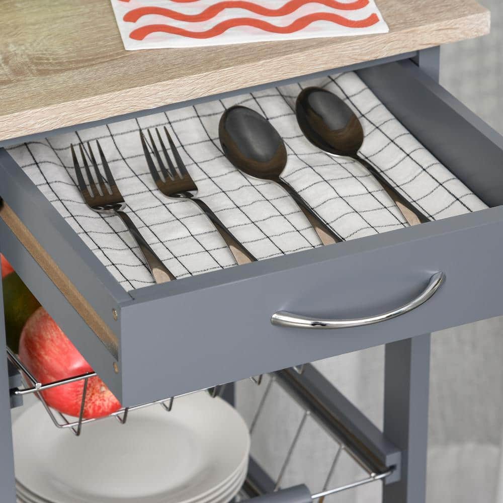 Gray Wooden Rolling Kitchen Cart with Storage Drawer and Baskets