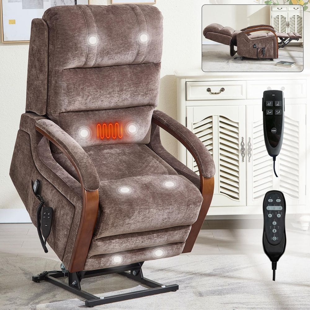 Brown Ergonomic Dual Motor Chenille Power Lift Recliner with Solid Wood Arm
