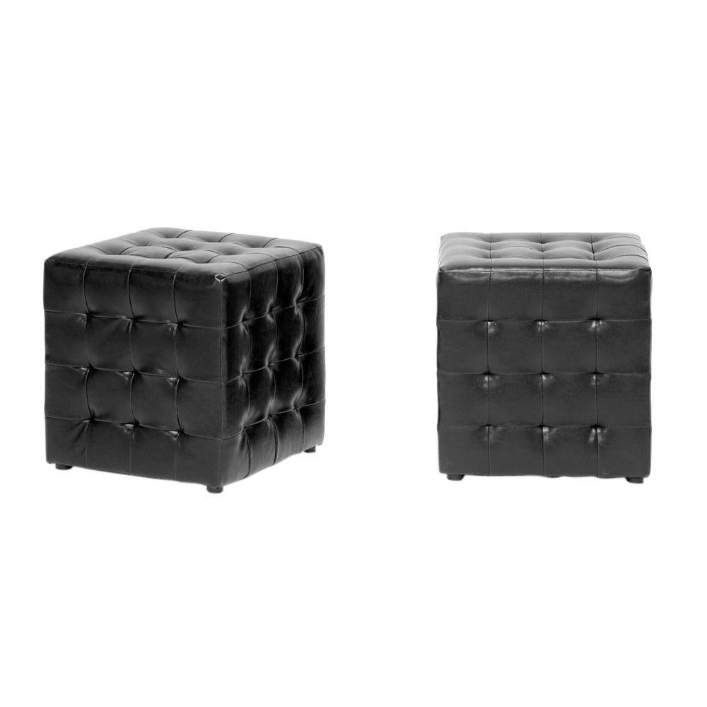 Stitchcraft 15'' Black Faux Leather Tufted Cube Ottoman Set