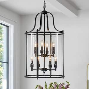 Diseno 8-Light Black Drum Candlestick Chandelier Modern Transitional Cylinder Cage Pendant Light with Clear Glass