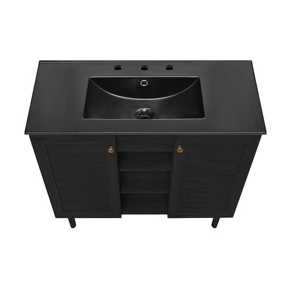 Bron 36 in. Freestanding Bath Vanity in Black Oak with Black Ceramic 3-Hole Widespread Sink Top