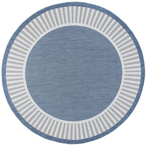 Eco Striped Border Blue 6 ft. Round Indoor/Outdoor Area Rug