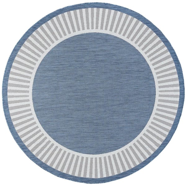 Tayse Rugs Eco Striped Border Blue 6 ft. Round Indoor/Outdoor Area Rug