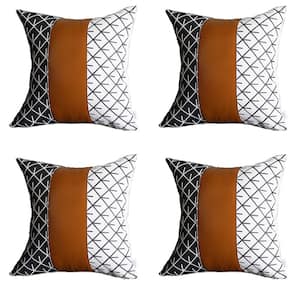 Brown Boho Handcrafted Vegan Faux Leather Square Abstract Geometric 22 in. x 22 in. Throw Pillow Cover (Set of 4)