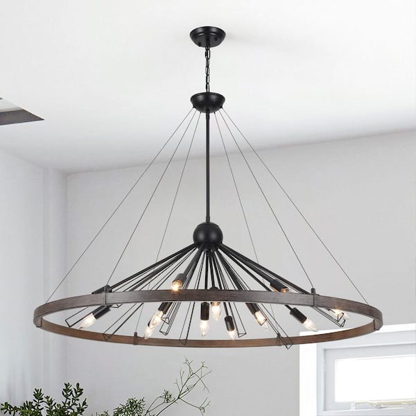 ADSENSTY 43.3 in. 12-Light Black and Imitation Wood Grain Wagon Wheel Satellite Chandelier for Living Room with No Bulbs Included