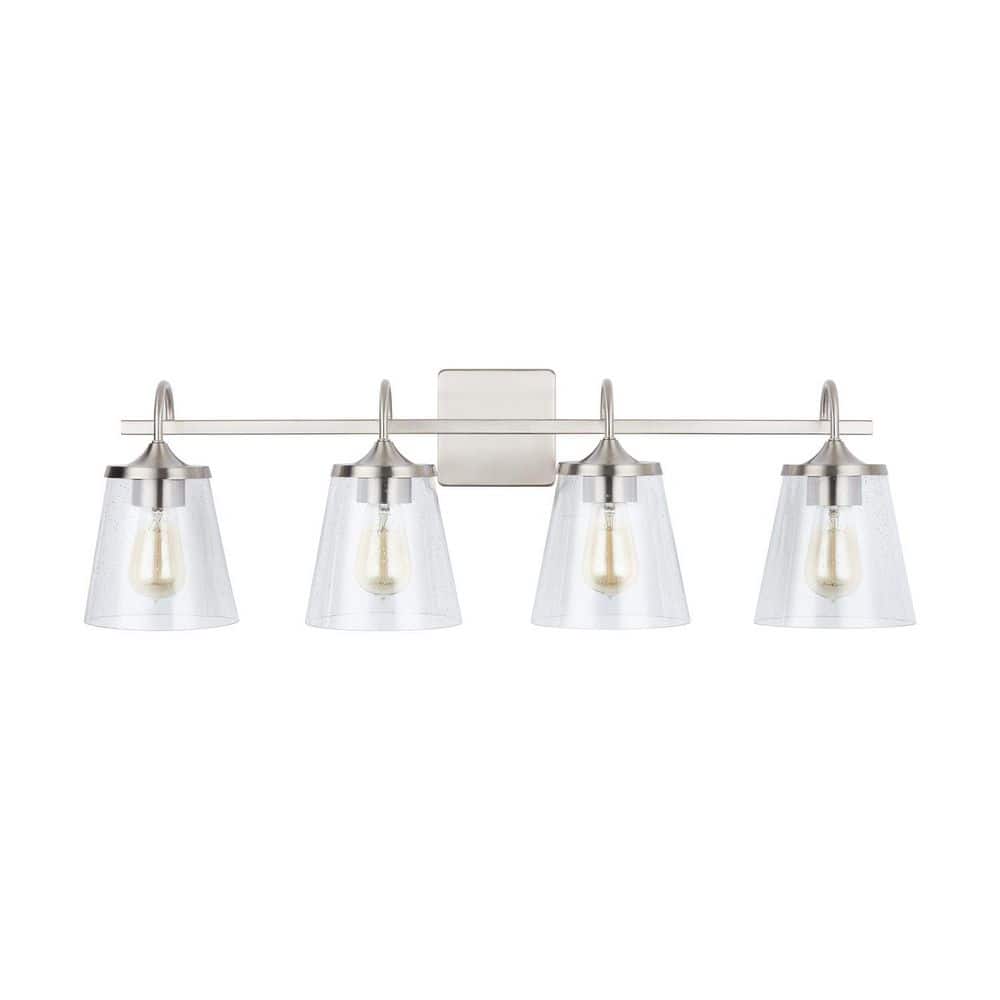 Jayne 33 in. W x 10.5 in. H x 9 in. E 4-Light Brushed Nickel Vanity Light with Clear Seeded Cone Glass Shades price history on PriceWatchPro