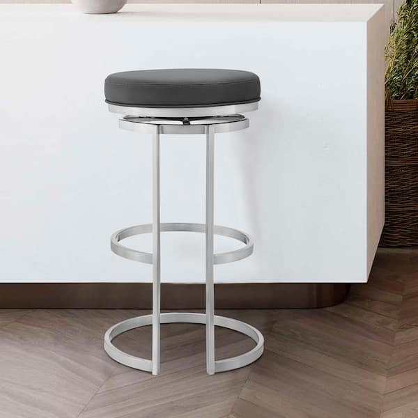 Armen Living Vander 26 in. H Gray Faux Leather and Brushed Stainless Steel Backless Swivel Bar Stool