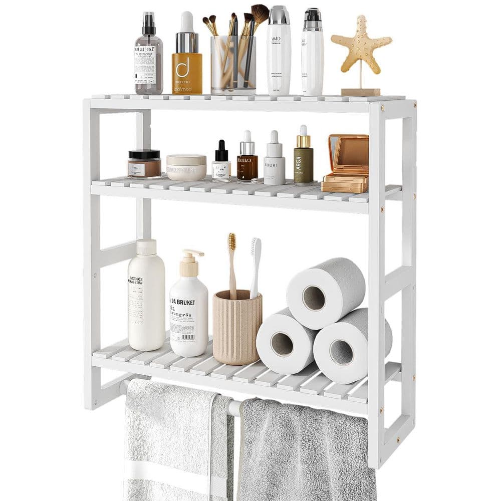 Adjustable 16.6 in. W x 16.8 in. H x 5.9 in. D Bamboo Shelf, Towel Rack Toilet Paper Cabinet with Hanging Rod, in White price history on PriceWatchPro