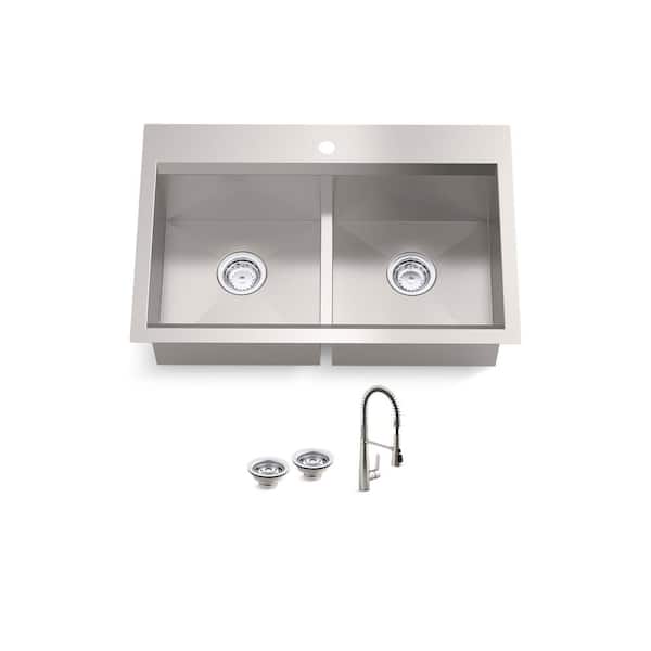 KOHLER Lassen 33 in. Drop-in Double Bowl Stainless Steel Kitchen Sink with Faucet