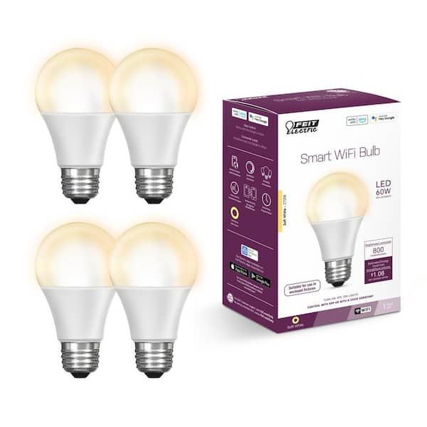 60-Watt Equivalent A19 Smart Wi-Fi Dimmable E26 LED Light Bulb Works with Alexa/Google Home, Soft White 2700K (4-Pack)