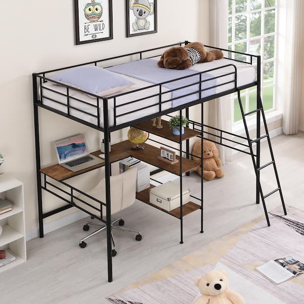 GODEER Black Twin Size Metal Loft Bed and Built-in Desk and Shelves