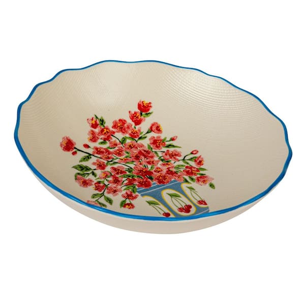 Storied Home 11 in. 54 fl. oz. Multicolor Stoneware Salad Serving Bowl with Flowers in Vase Design and Colored Rim