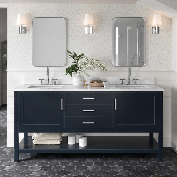 ARIEL Bayhill 73 in. W x 22 in. D x 35.25 in. H Bath Vanity in Midnight Blue with Carrara White Marble Top