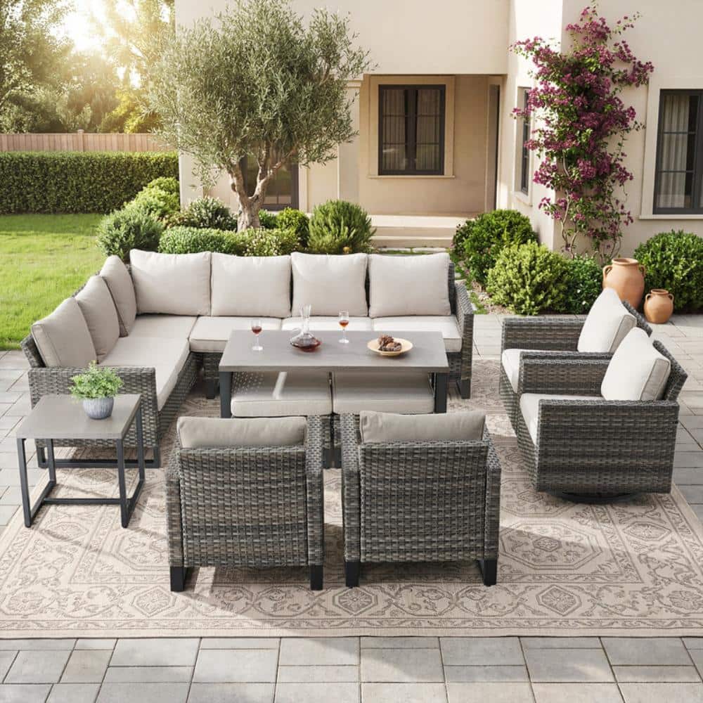 UvaNest Gray Wicker 9-Piece Outdoor Set Furniture Patio Sectional Furniture Sets Conversation Sets with Beige Cushion price history on PriceWatchPro