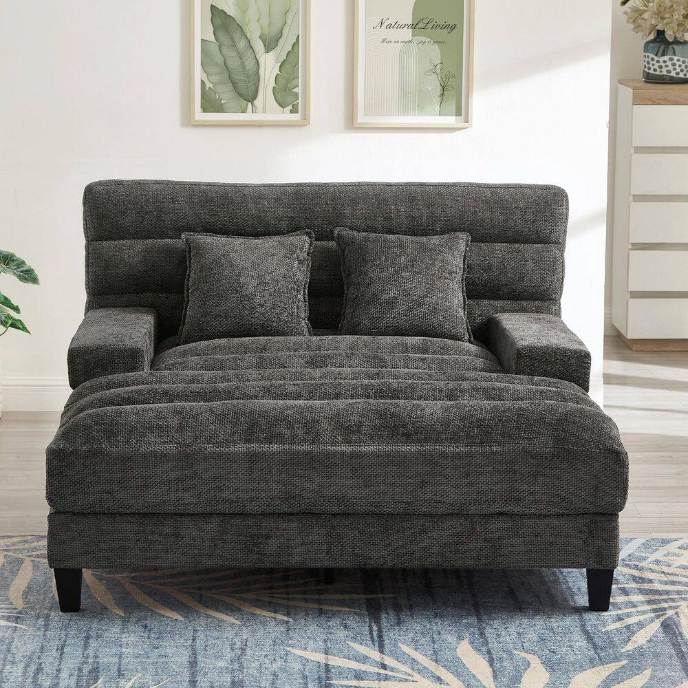 Willis Grey Chenille Upholstered Squre Arm Chaise Lounge with Adjustable Backrest, LED Light Strip