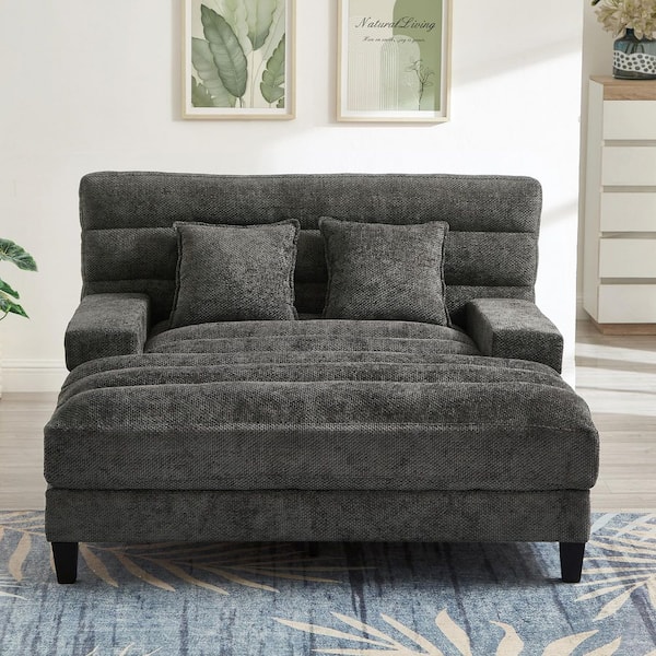 Willis Grey Chenille Upholstered Squre Arm Chaise Lounge with Adjustable Backrest, LED Light Strip