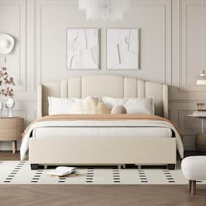 Beige Wood Frame Queen Size Linen Upholstered Platform Bed with Wingback Headboard, 2-Drawer, Twin Size Trundle
