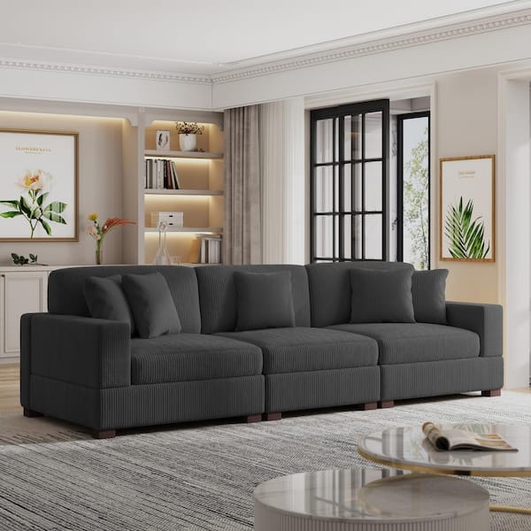 Uixe 117 in. Square Arm 3-piece Corduroy Upholstered 3-Seats Sectional Sofa in. Gray with Five Pillows