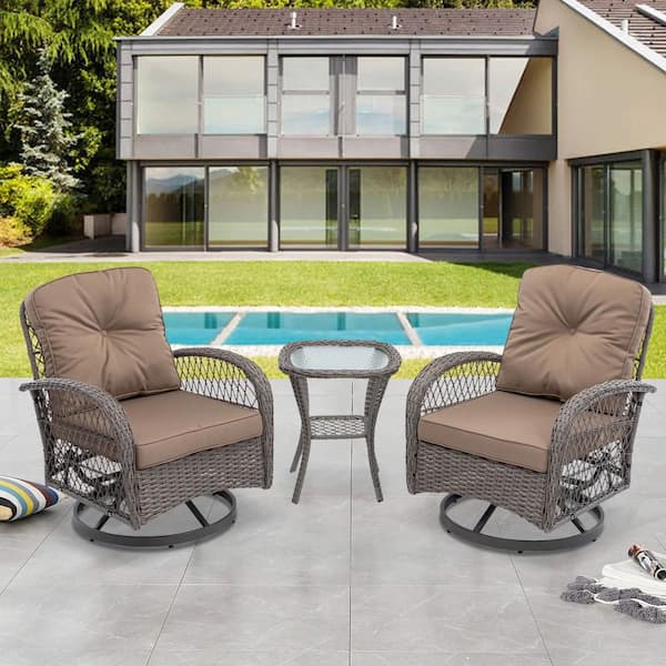 AUTMOON 3-Piece Wicker Outdoor Bistro Swivel Chair Set, Patio Bistro Set with 360° Swivel Rocking Chairs and Table Khaki Cushion