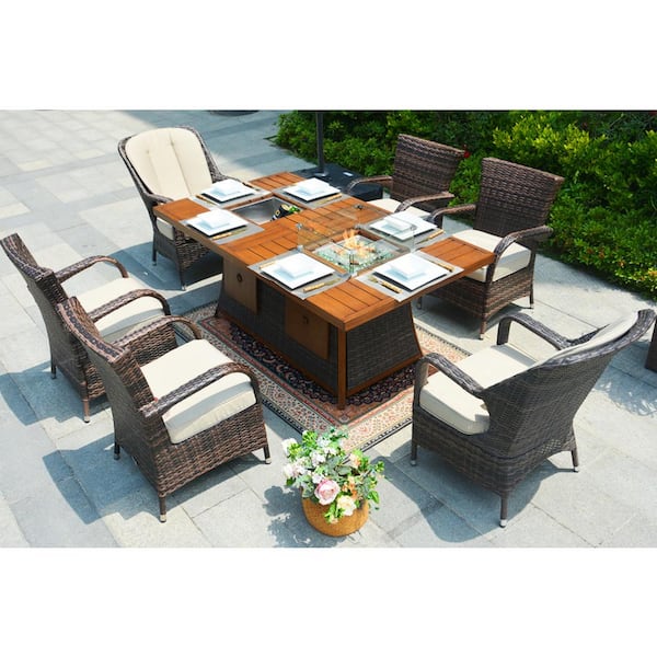 moda furnishings Fishbone Brown 7-Piece Wicker Patio Fire Pit Dining Sofa Set with Beige Cushions